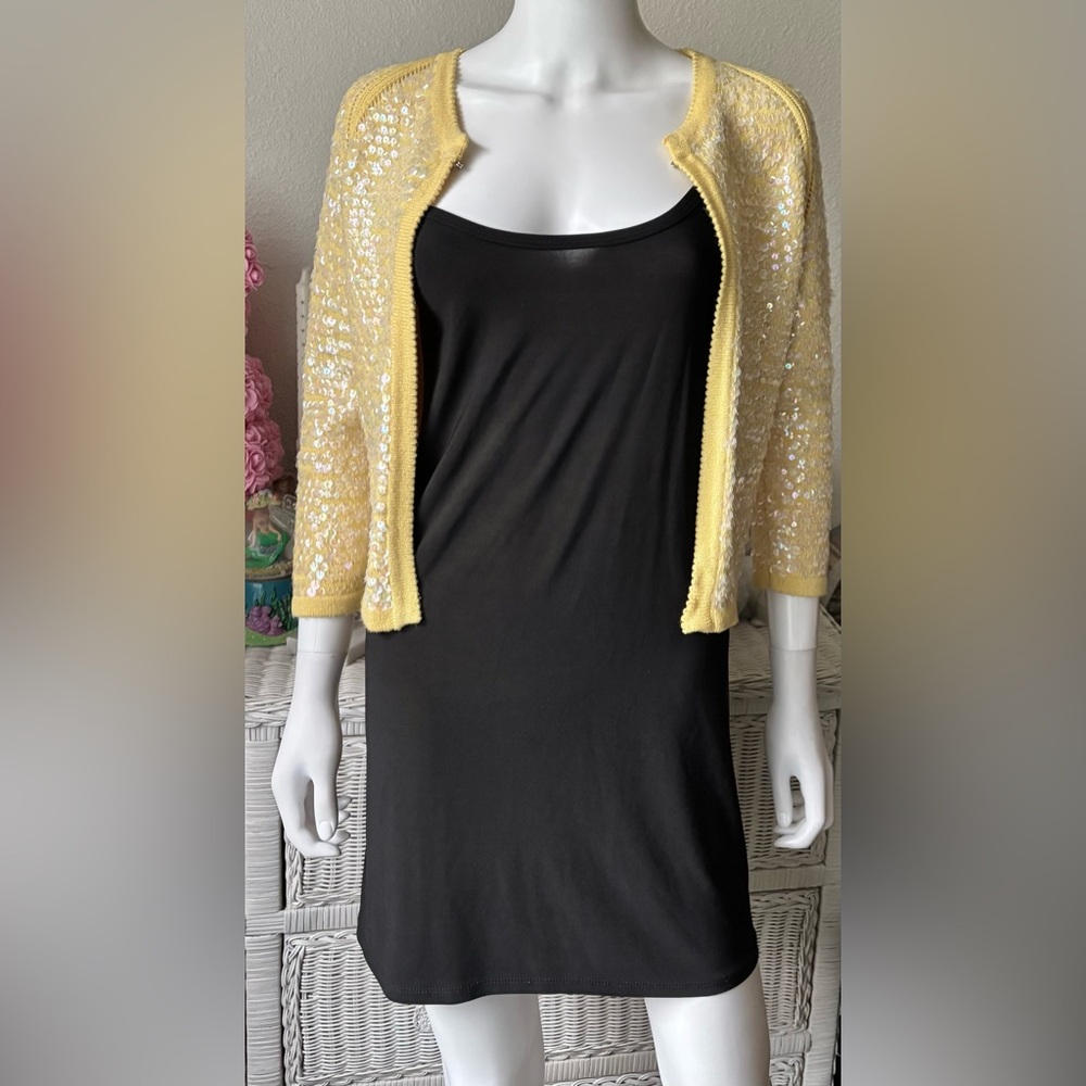 Rory Beca Sequin Cardigan Fitted Stretchy Rayon Button Free Canary Yellow Size S